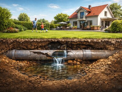 Privatgrundstück Gartenansicht mit verborgenem Rohrschaden, Canal Control Rohrsanierung