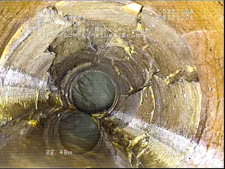 Ansicht eines defekten Rohres mit Rissen und Scherben