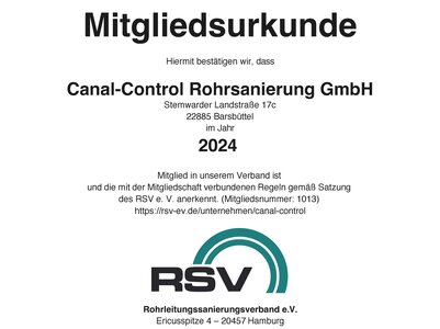 CCR Mitgliedsurkunde beim RSV Rohrleitungssanierungsverband e.V.
